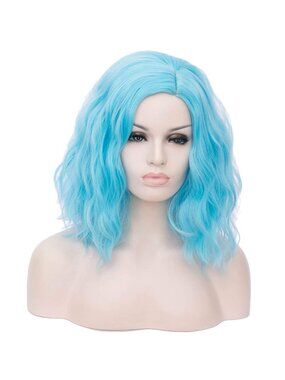 Women Sky blue Heat Resitant Wavy Curly Cosplay Halloween Bob Party Wig